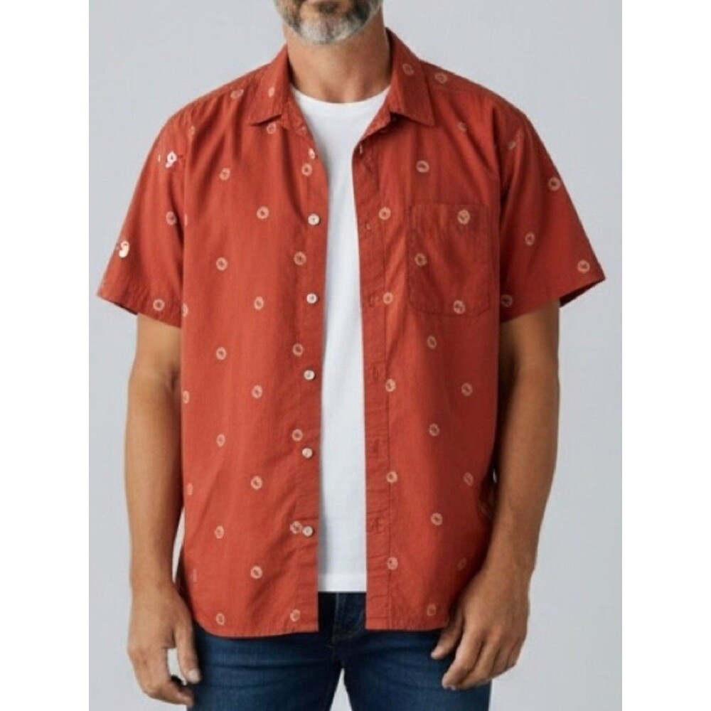 The North Face Mens XL Button Up Shirt Rust Bear Print Short Sleeve Cotton